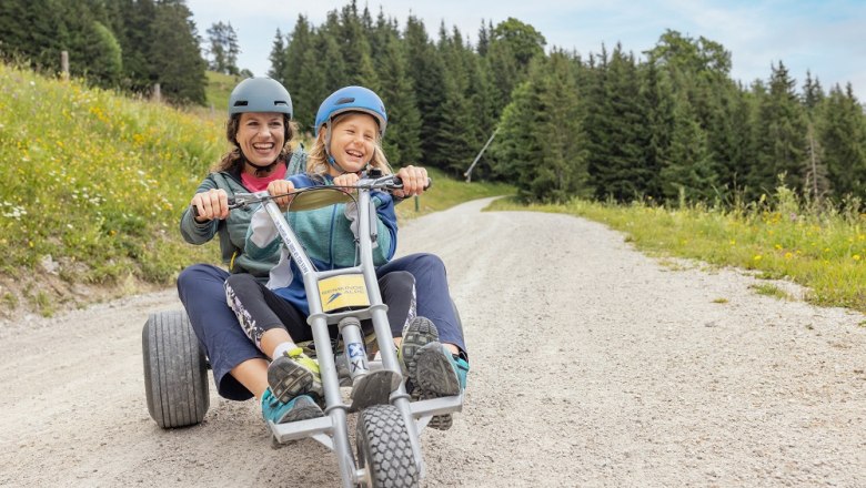 Gemeindealpe, © NÖVOG/Schwarz-König Two people ride a mountain cart on a gravel road surrounded by meadows and forest.