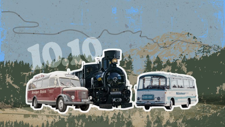 Nostalgie auf Straße und Schiene, © Fotomontage NÖVOG/Kerschner/Mitterbauer Historische Busse und Dampflok vor Berglandschaft mit Streckenverlauf
