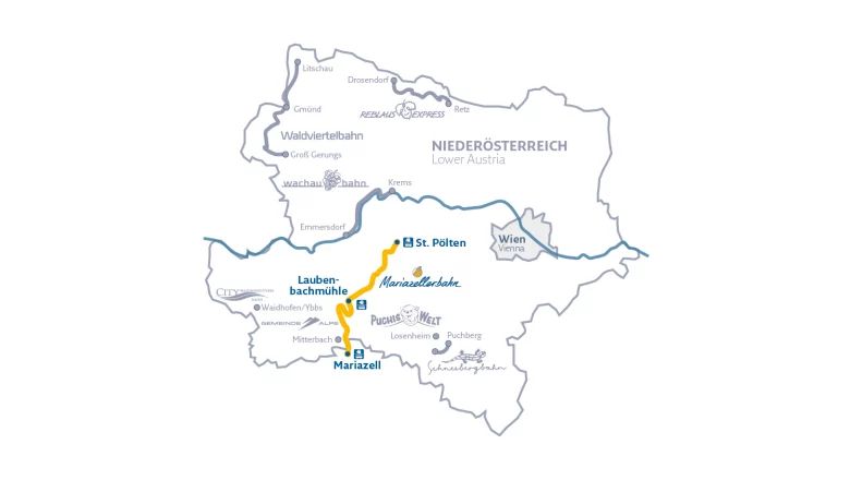 Karte von Niederösterreich mit dem Streckennetz der Mariazellerbahn zwischen St. Pölten und Mariazell. Weitere Bahnlinien und wichtige Orte sind schematisch dargestellt.