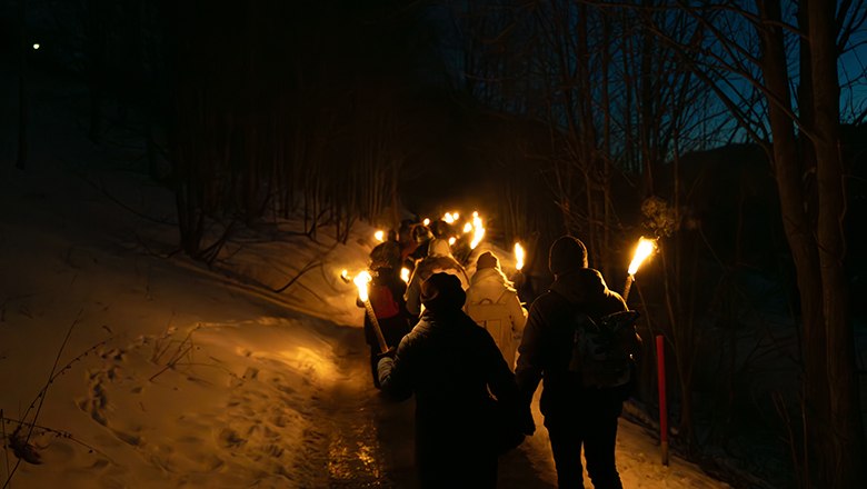 Fahrgäste gehen mit Fackeln