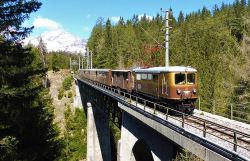 Ein braun-gelber Zug fährt über ein hohes Brückenbauwerk durch eine dichter bewaldete Berglandschaft. Im Hintergrund ist ein schneebedeckter Berg zu sehen.