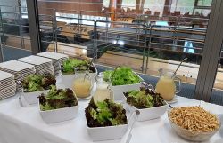 Salatbuffet mit verschiedenen Blattsalaten, Dressings und Beilagen: