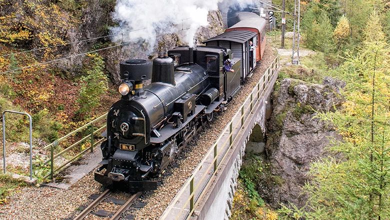 Die schwarze Dampflokomotive Mh.6 fährt mit ihren Waggons über eine Brücke. Dahinter führt ein Gleis aus einem Tunnel in einer felsigen Waldlandschaft.