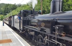 Eine schwarze Dampflokomotive steht mit angehängten Waggons an einem gepflasterten Bahnsteig. Personen schauen aus den Zugtüren und Fenstern heraus.