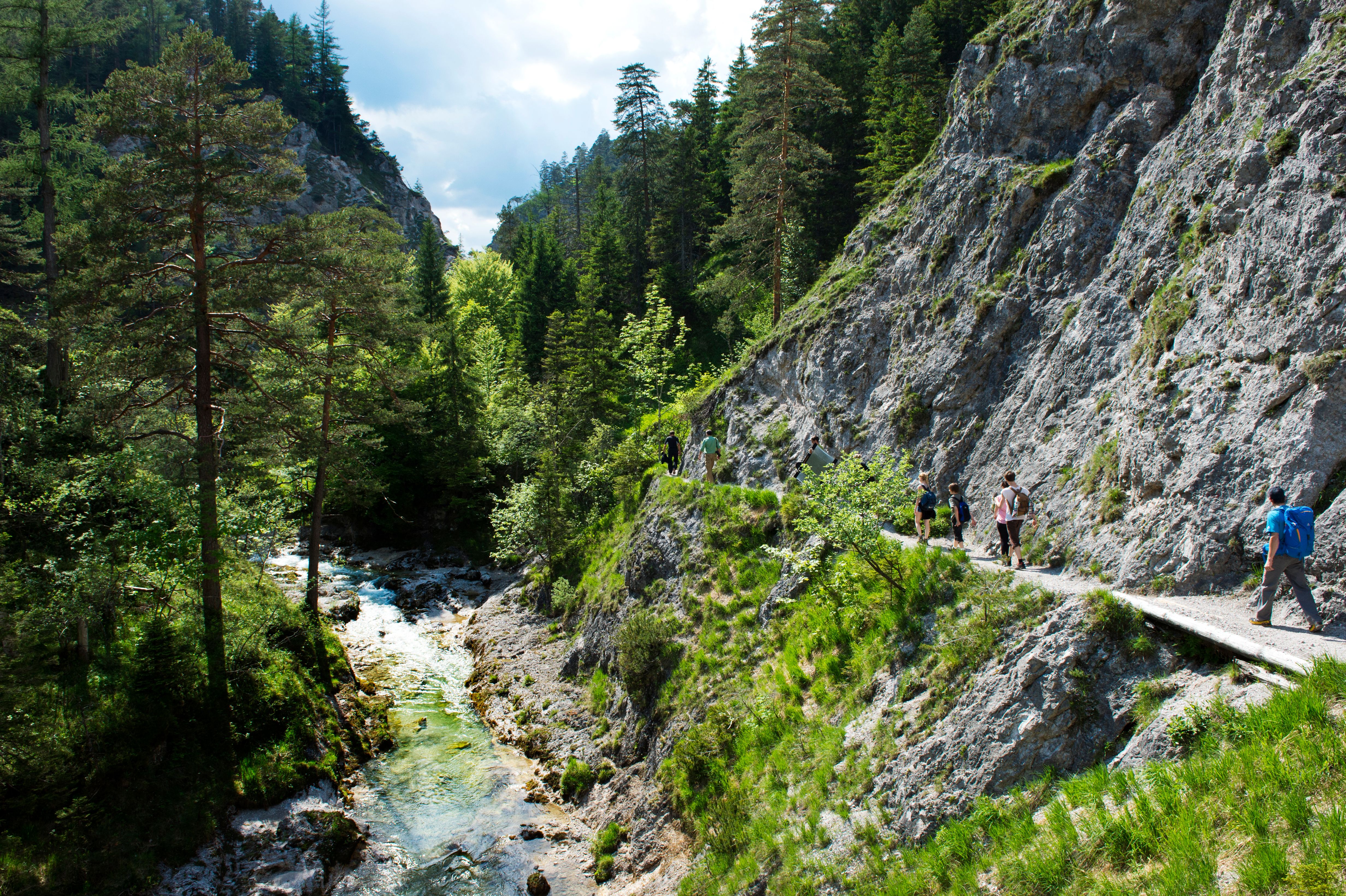 Mehrere Menschen wandern auf einem schmalen Weg durch eine felsige, bewaldete Schlucht. Unterhalb des Weges fließt ein klarer Gebirgsbach.
