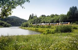 Mariazellerbahn fährt an einer blühenden Wiese und einem See entlang vor bewaldeten Hügeln.