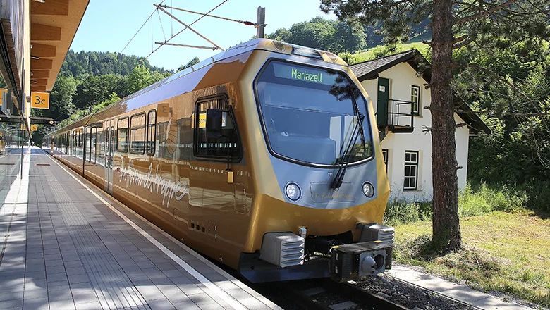Goldfarbener Zug der Mariazellerbahn mit Zielanzeige „Mariazell“ steht an einem barrierefreien Bahnsteig. Im Hintergrund sind Bäume, ein Wohnhaus und bewaldete Hügel zu sehen.