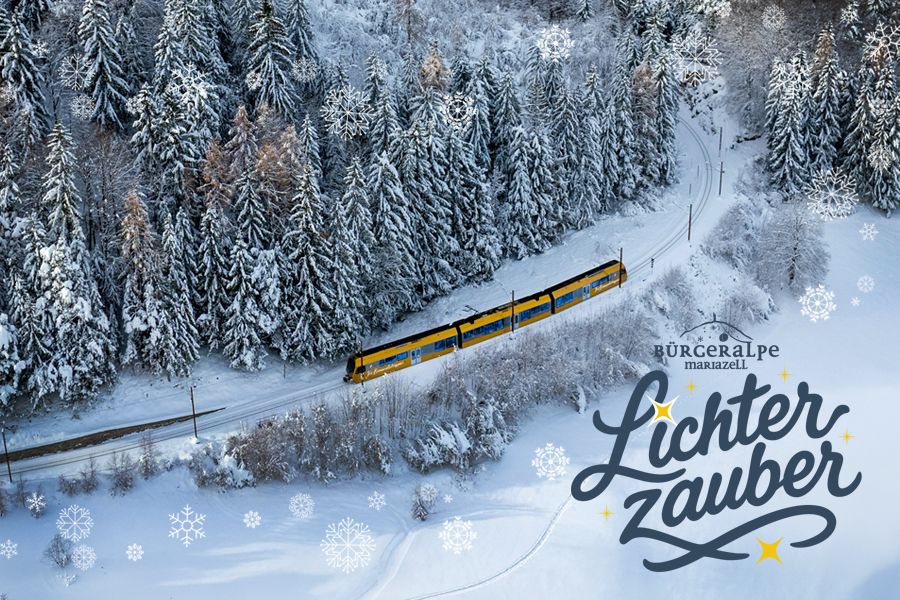 Zug fährt durch Winterlandschaft.