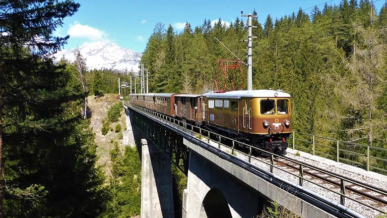 Ein braun-gelber Zug fährt über ein hohes Brückenbauwerk durch eine dichter bewaldete Berglandschaft. Im Hintergrund ist ein schneebedeckter Berg zu sehen.