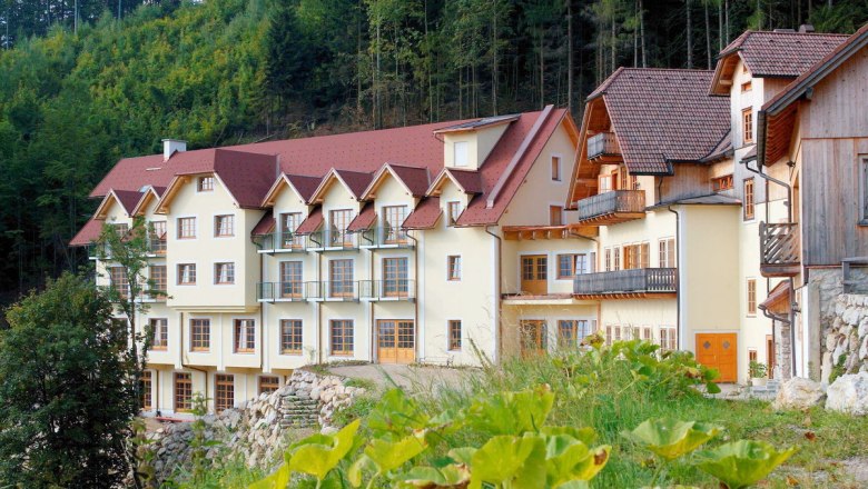 A large, multi-storey building with red roofs and balconies, surrounded by forest.