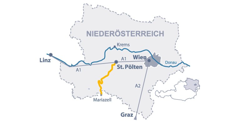 Niederösterreich Karte mit eingezeichneter Route der Mariazellerbahn