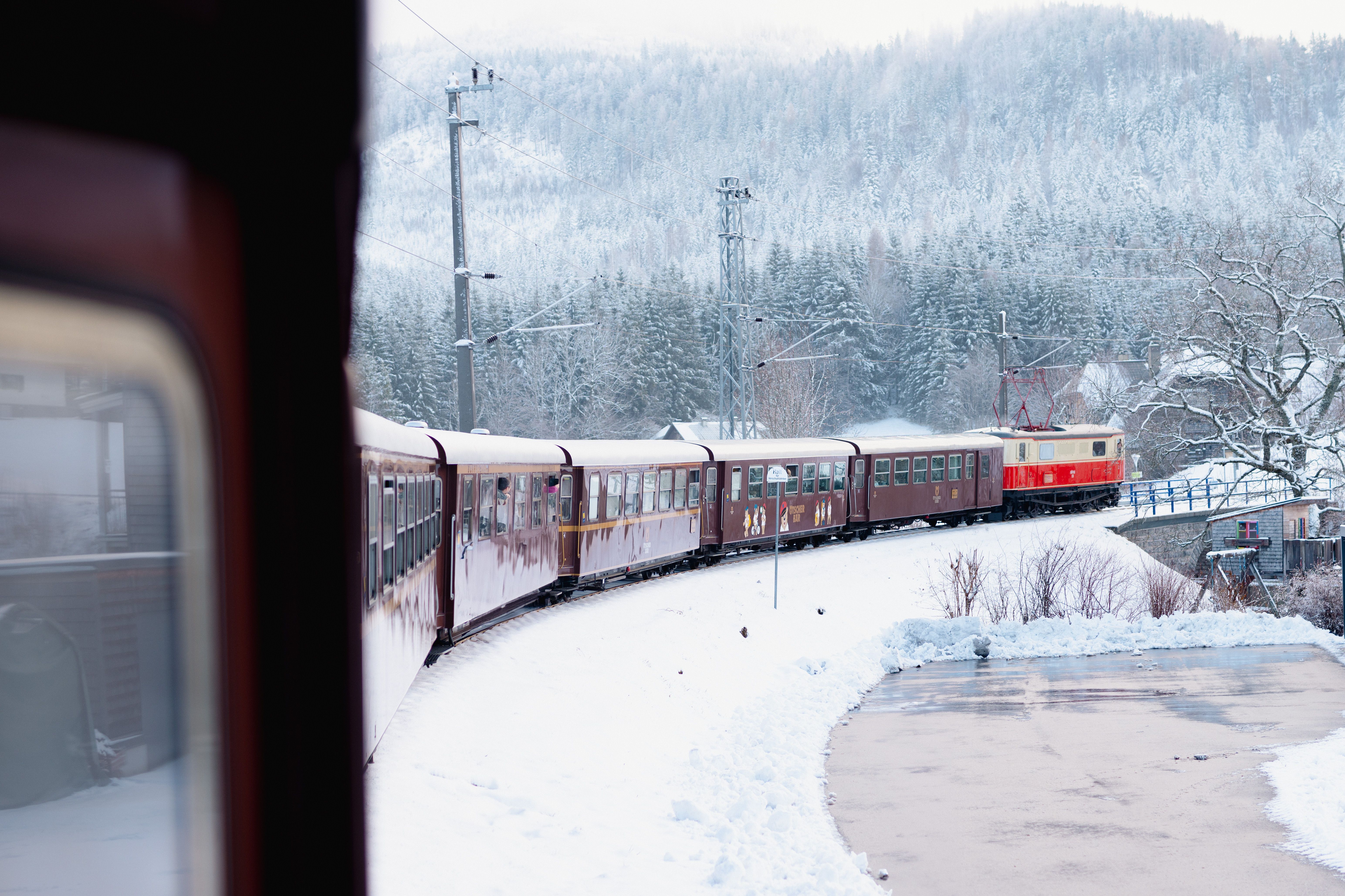 Zug fährt durch winterlandschaft.