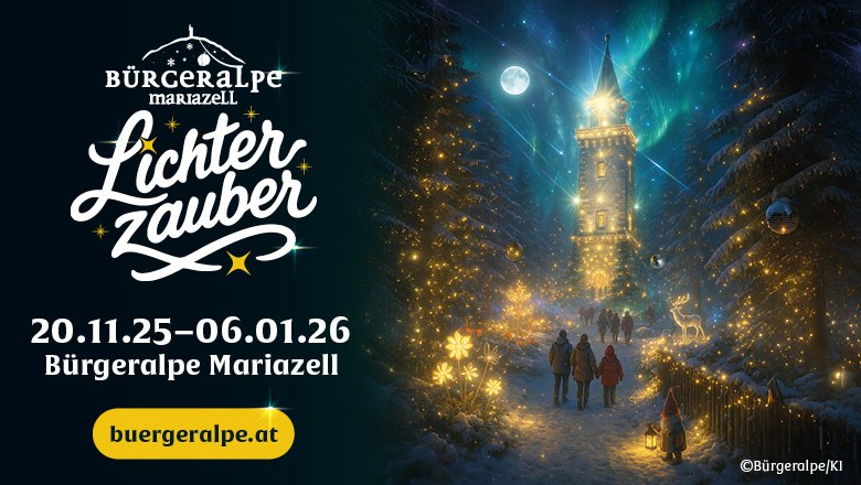 Verschneite Mariazeller Bürgeralpe im Abendglanz, leuchtende Lichtpfade mit funkelnden Bäumen.