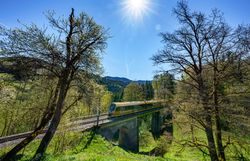 Die goldene Himmelstreppe fährt bei Sonnenschein über eine Steinbrücke. Im Vordergrund stehen Bäume, im Hintergrund sind grüne Berge zu sehen.