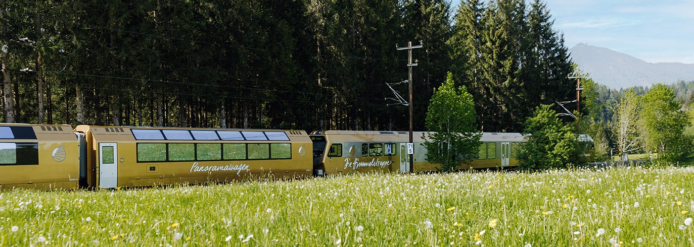 Der Panoramawagen und die Himmelstreppe fahren durch die grüne Landschaft.