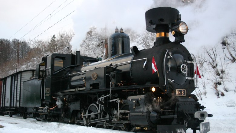 Dampfzug fährt durch Winter