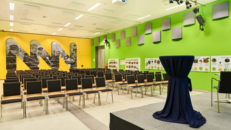 A conference room in the Museum Nieder&ouml;sterreich with a yellow and green wall, rows of chairs and a high table on a stage.