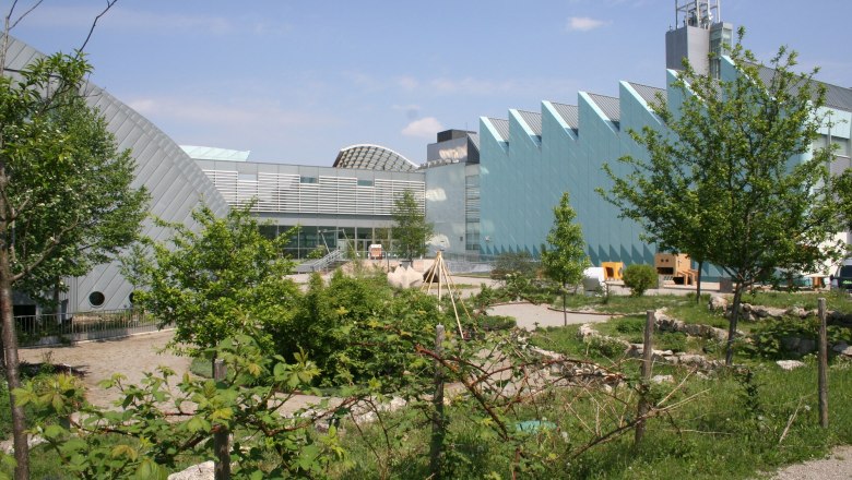 Modern museum building with garden in the foreground.