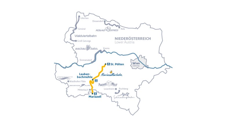 illustrierte Niederösterreich Karte mit Anreise zur Mariazellerbahn