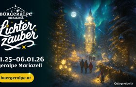 Verschneite Mariazeller Bürgeralpe im Abendglanz, leuchtende Lichtpfade mit funkelnden Bäumen.