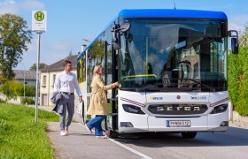 Blau weißer Linienbus in ländlicher Umgebung.  2 Personen steigen in den Bus ein.