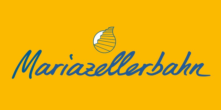 Logo Mariazellerbahn mit blauem Schriftzug und illustrierter Treppe