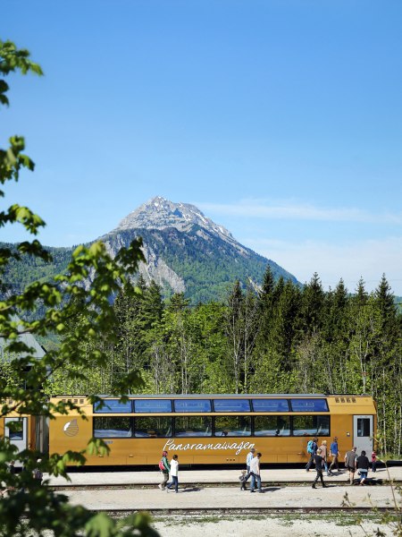Ein gelber Panoramawagen mit Glasdach steht an einem Bahnsteig, w&auml;hrend mehrere Personen daran vorbeigehen. Im Vordergrund rahmen gr&uuml;ne Bl&auml;tter die Szene, dahinter liegen Wald, ein markanter Berg und ein weiter blauer Himmel.