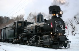 Dampfzug fährt durch Winter